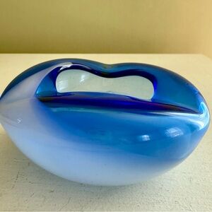 Murano Ashtray Hand Blown Art Glass Cigar Bowl Celestial Blue white Swirls Ash